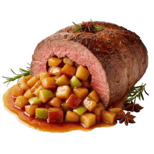 Filete de Res Relleno de: Manzana con Pera en Salsa de Coñac